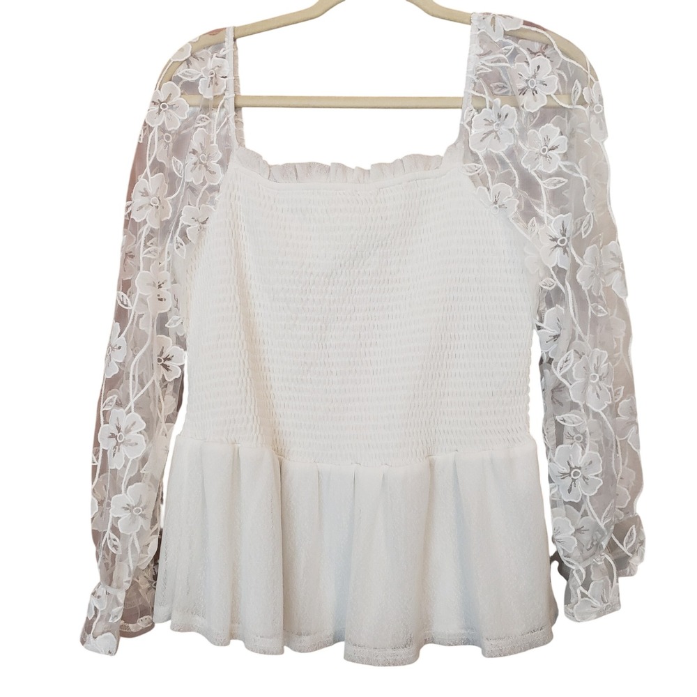 Ember Womens Floral Lace Smocked Peplum Top L White